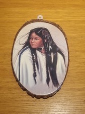 Listing image for Native American Woman Wood Slice Wall Art Rustic Boho Decor Indian Native Maiden